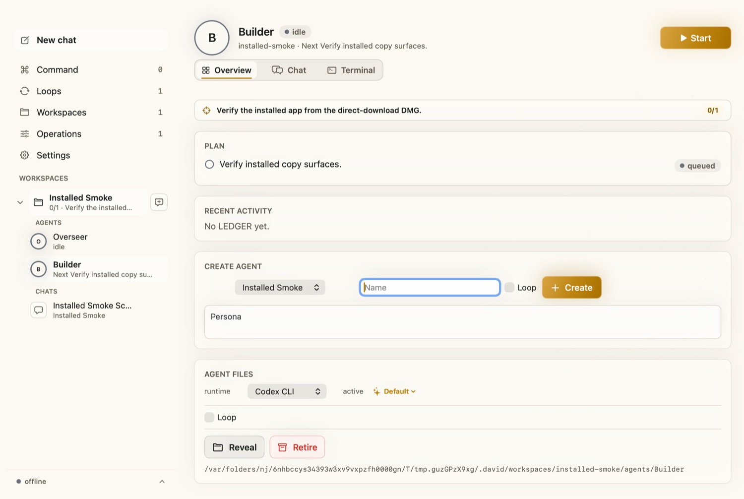 David Builder overview showing task status and workspace context.