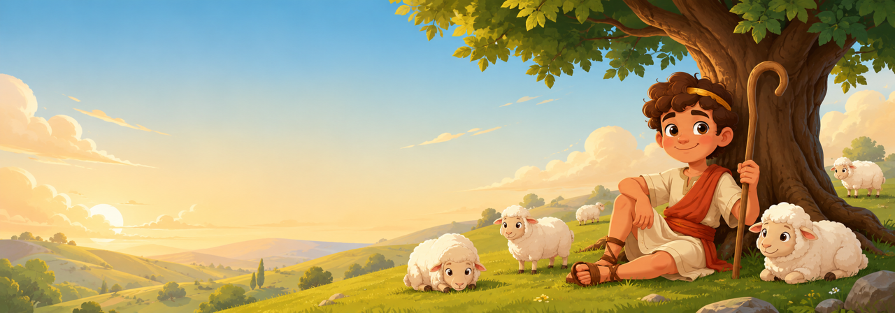 David the Shepherd sitting with sheep in a calm field.